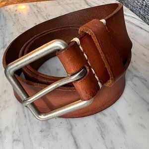 Leather Belt Cognac Brown with Silver Square Buckle